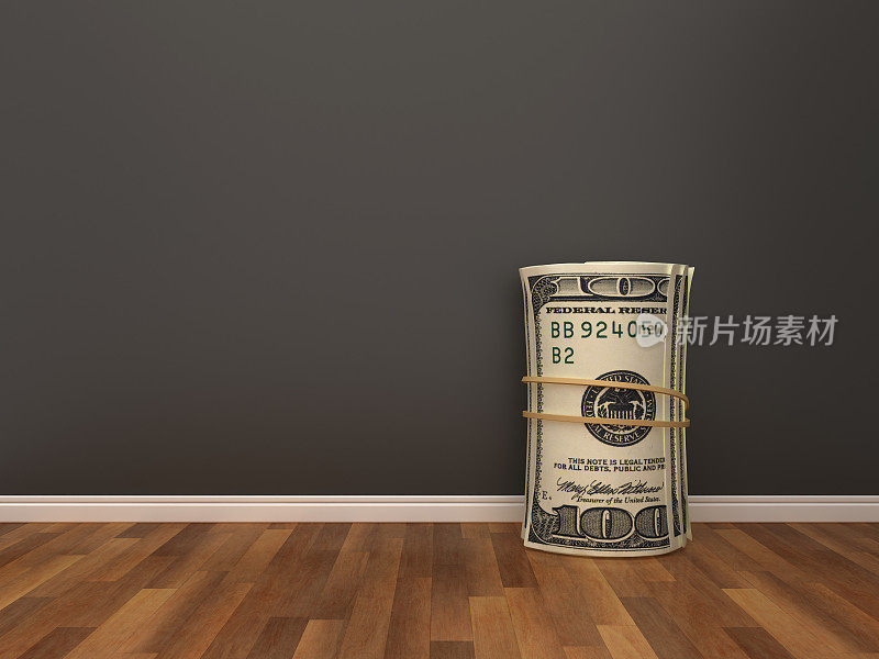 美元钞票在木地板上滚动- 3D渲染